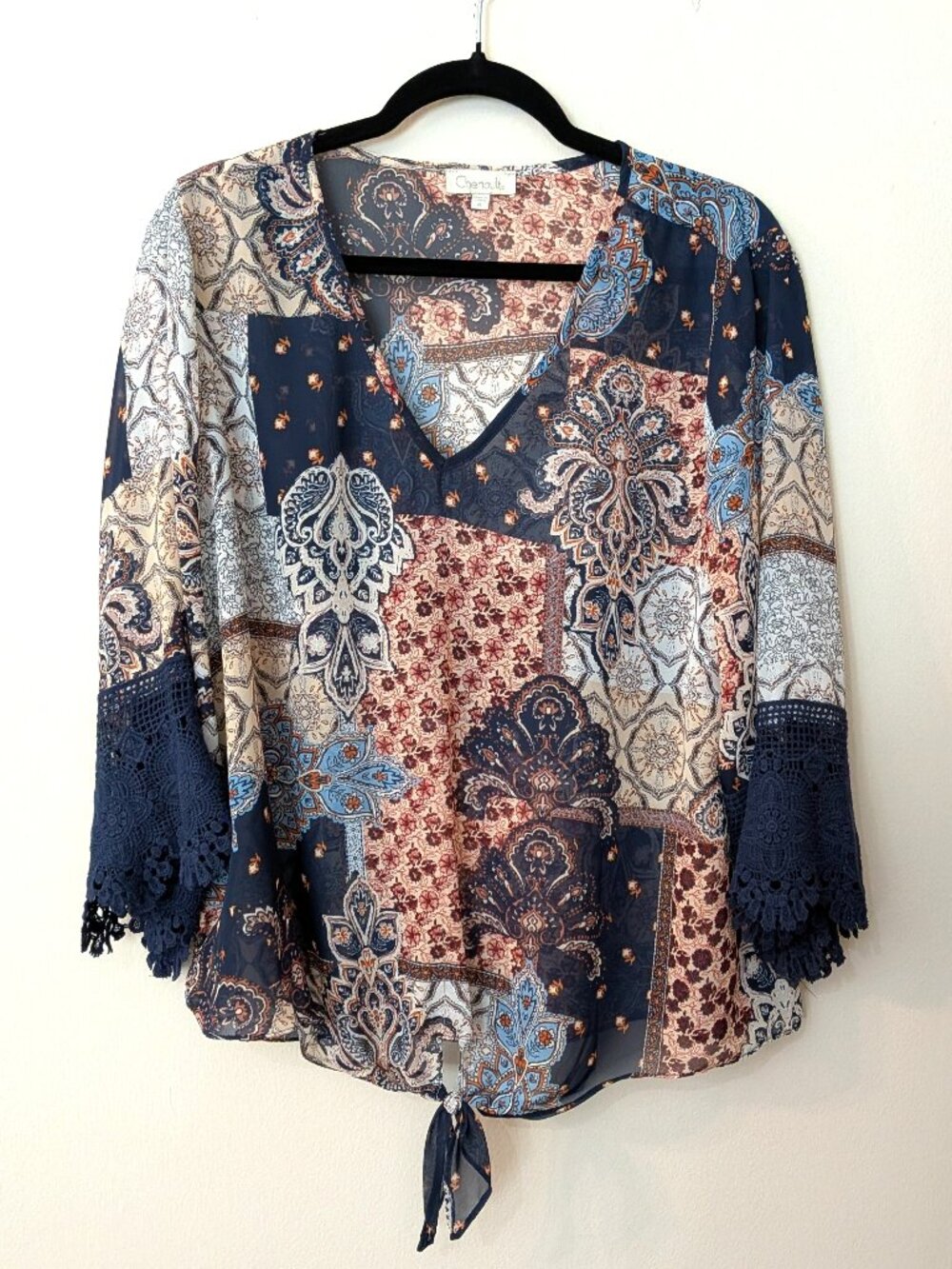 Chenault Women’s Semi Sheer Navy Multi Boho Patchwork Blouse – Size XL